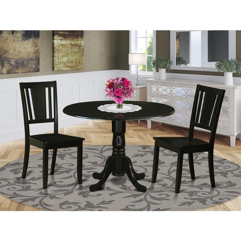 3-Piece Black Finish Solid Wood Top-Dining Room Set-Seats 4