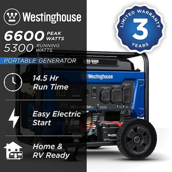 6,600/5,300-Watt Gas Powered Portable Generator with Electric Start, 30A 120/240V Outlet