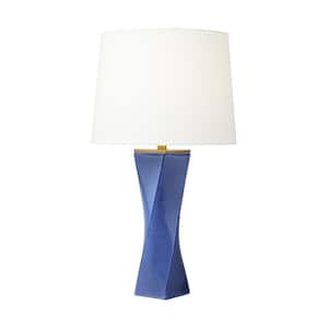 Lagos 16 in. W x 28.375 in. H Frosted Blue 1-Light Dimmable Modern Table Lamp with White Linen Fabric Shade