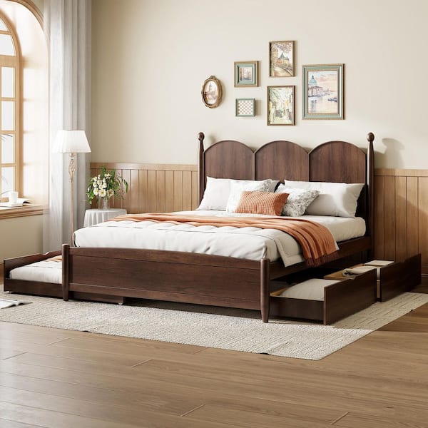 Miles Rustic Walnut Brown Wood Frame Queen Size Platform Bed with Twin XL Trundle, Storage Drawers, Curved Headboard