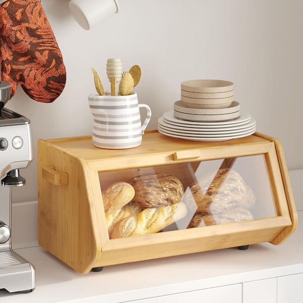 Bamboo Bread Box for Kitchen Counter Large Capacity Wooden Bread Storage Container with Window Bread Holder