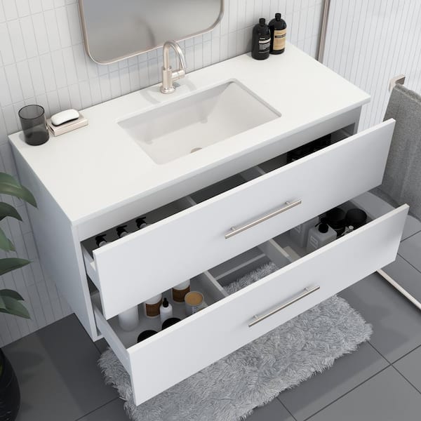 Napa 48 in. W x 22 in. D x 21-3/8 in. H Single Sink Bathroom Vanity Wall Mounted in White with White Quartz Countertop