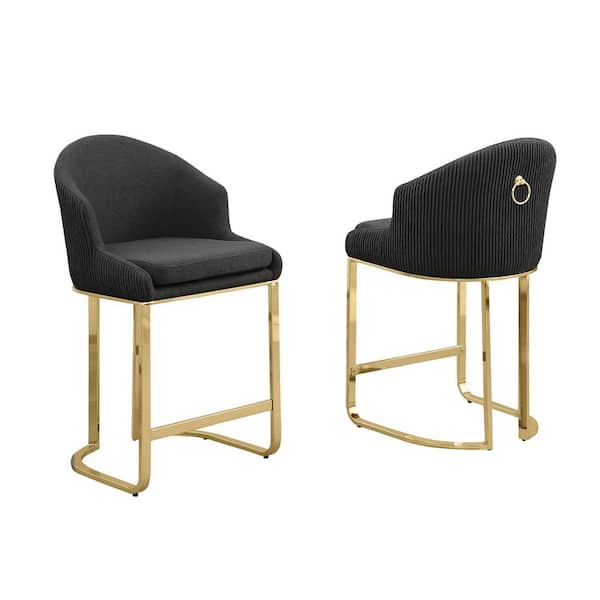Best Quality Furniture Raul 24 in. Black Low Back Metal Frame Gold Chrome Iron Legs Counter Stool With Teddy Fabric Set of 2