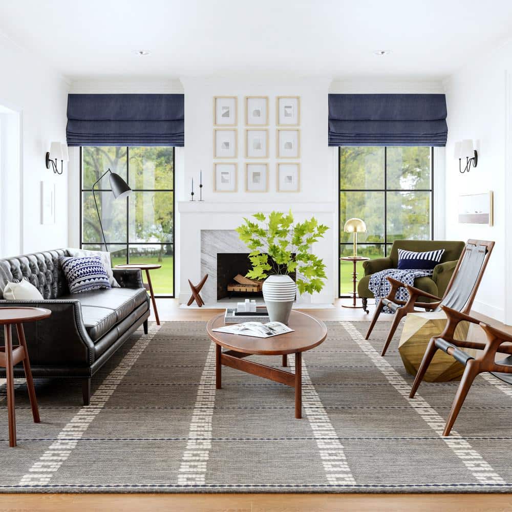 Morgan Gray and White Wool Geometric Check Area Rug, 5' x 8'