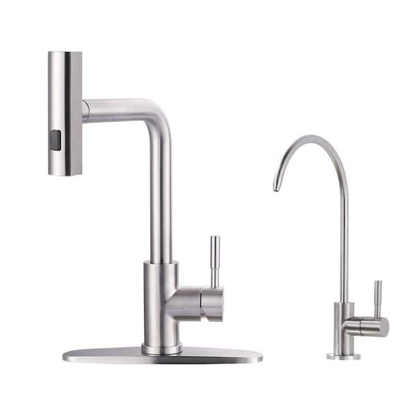 Brushed Nickel 15.7 in. Single Handle Pull Down Sprayer Kitchen Faucet with Drinking Water Faucet and 360° Swivel