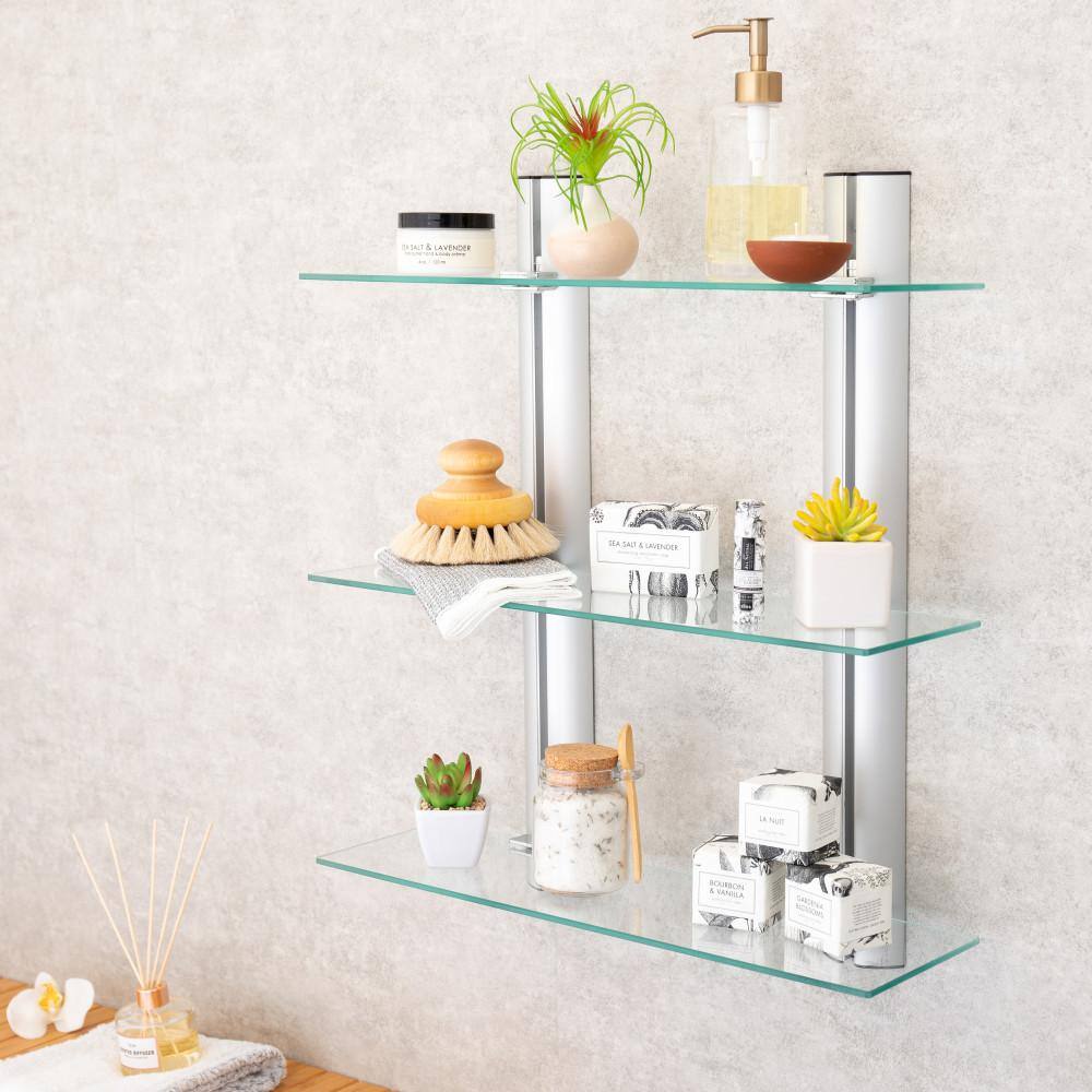 Black Glass and Wood Floating Wall Shelf Unit