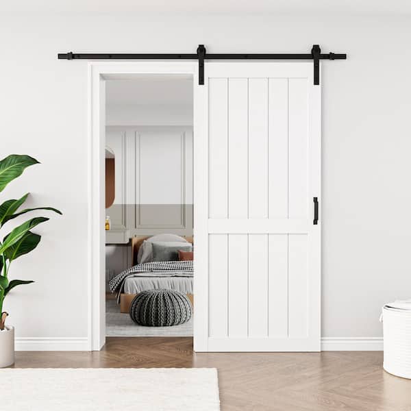 36 in. x 84 in. White Paneled H Style White Primed MDF Sliding Barn Door with Hardware Kit (without Soft Close)