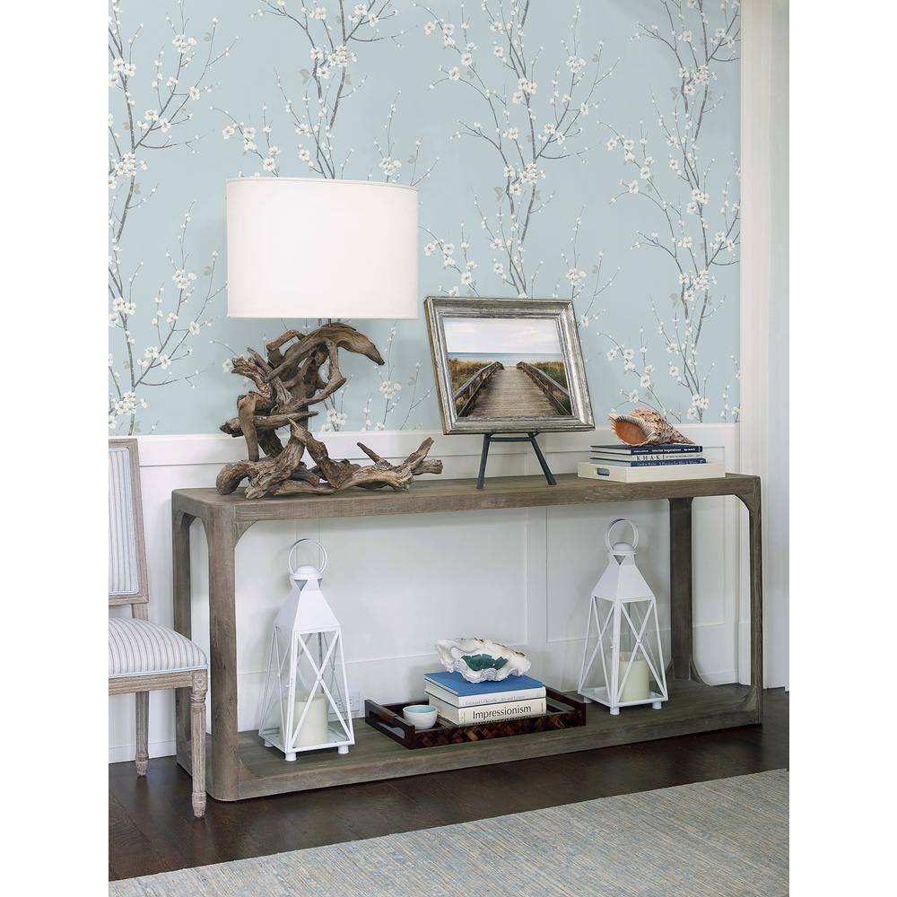 Sky Blue Floral Branch Vinyl-Coated Wallpaper