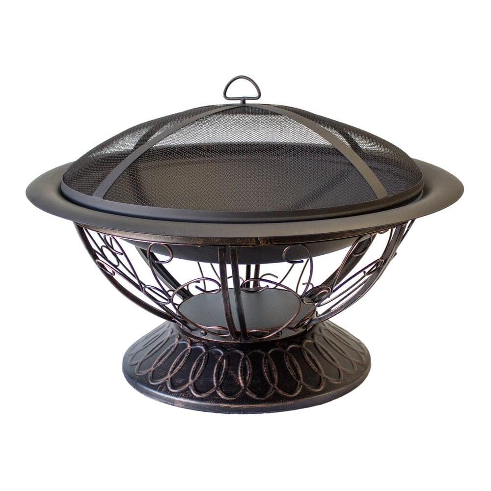 30" Round Fire Pit & Table Outdoor Fireplace Wood Burn Heater Mesh Screen Bronze 