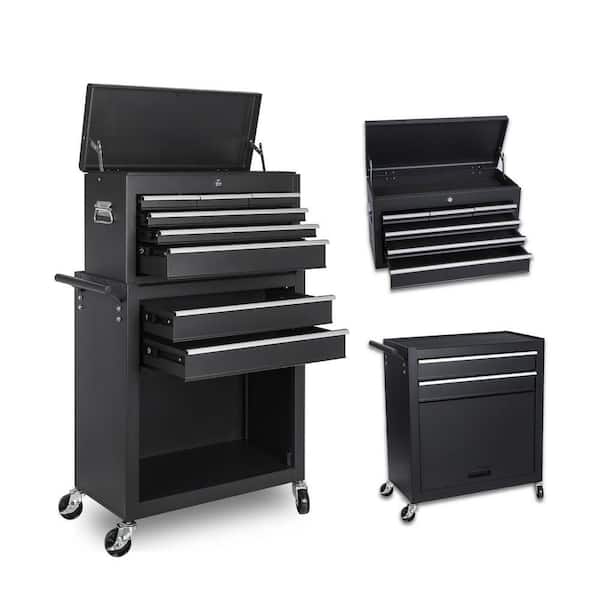 13 in. W 8-Drawer Rolling Storage Tool Carts with Lock, 2-in 1-Detachable Top Tool Box, Liner, Adjustable Shelf, Hooks