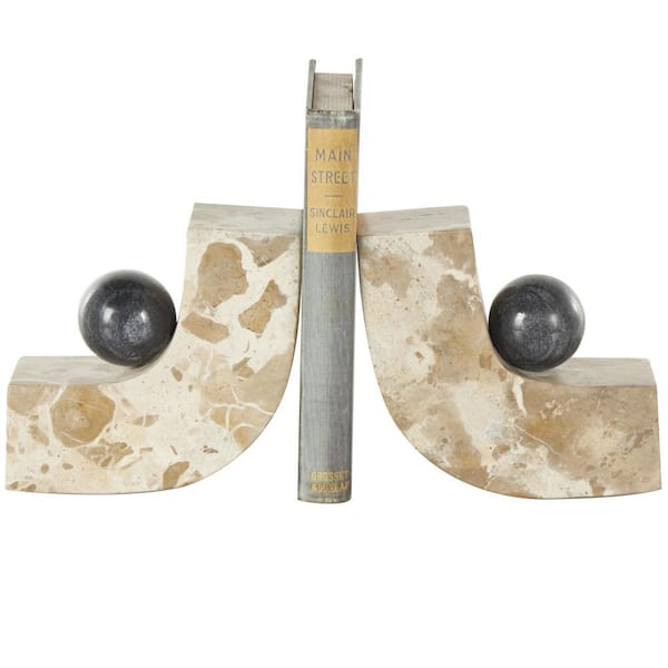 Litton Lane Brown Marble Arched Curved Bookends with Black Orbs (Set of 2)