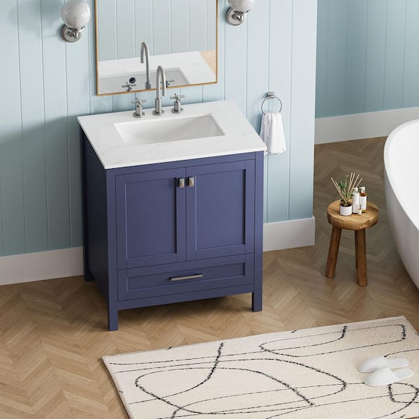 Solid Wood 30 in. W Single Sink Freestanding Navy Blue Bath Vanity Cabinet with White Engineered Marble Top Assembled