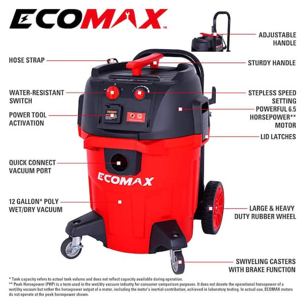 ECOMAX 乾湿両用クリーナー 19L 吸込仕事率210W 静音65db ECOMAX 12 Gallon 6.5 HP OSHA-Compliant Wet/Dry Vacuum with Dual