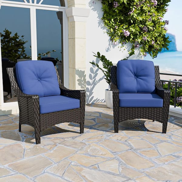 Brown Patio Wicker Outdoor Lounge Chair with Deep Seating and Blue Cushions(2-Piece)