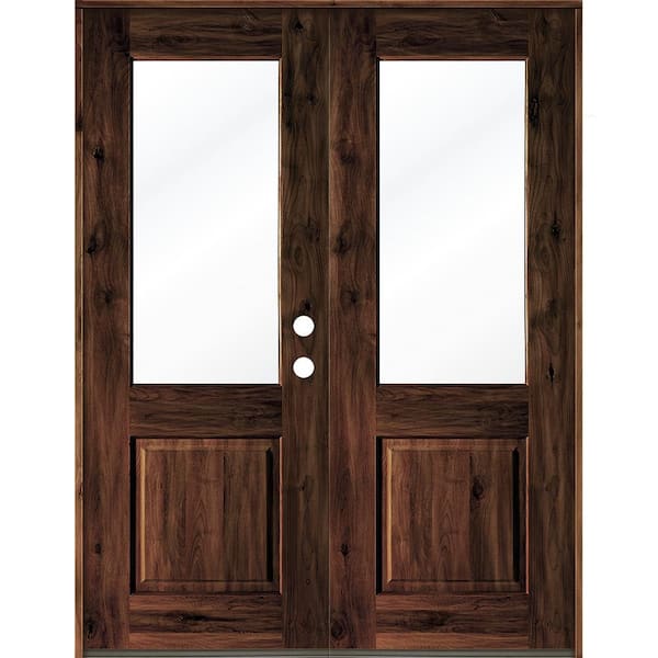 Krosswood Doors 72 in. x 96 in. Rustic Knotty Alder Wood Clear Half-Lite red mahogony Stain Left Active Double Prehung Front Door