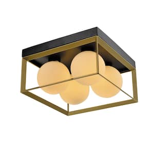 Raleigh 4-Light 13.98 in. Black/Gold Lantern Square/Rectangle Flush Mount With White Shade