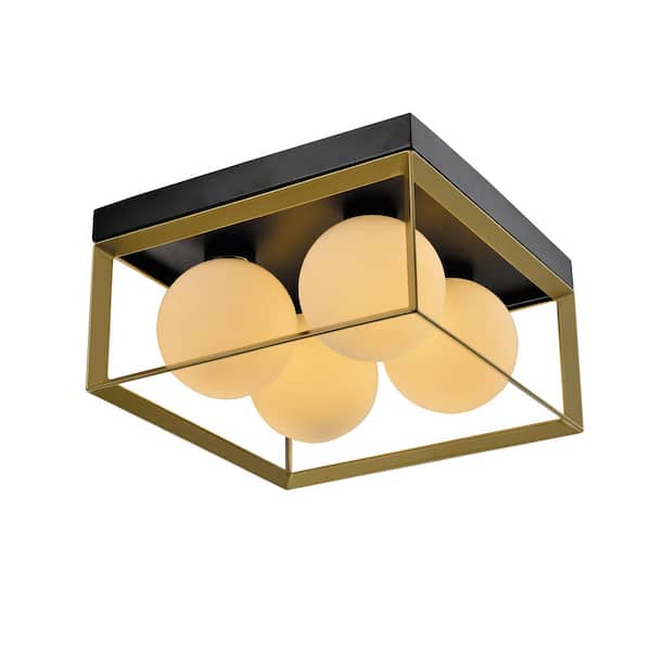 Maxax Raleigh 4-Light 13.98 in. Black/Gold Lantern Square/Rectangle Flush Mount With White Shade
