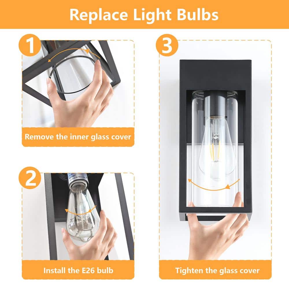 9-Inch Black Modern Outdoor Wall Lantern Sconce with Clear Glass, 2-Pack