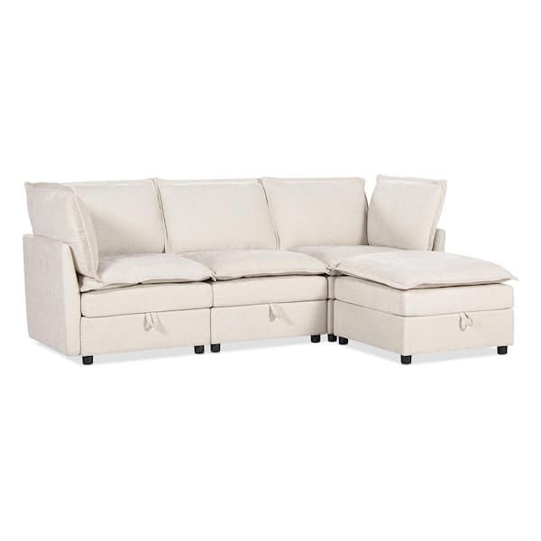 Sadie 95 in. Reversible Chaise Pillow Top Arm Chenille L-Shaped Modular Sectional Sofa-in-a-Box with Storage Light Beige