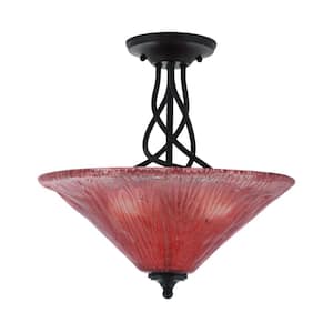 Royale 16 in. Matte Black Semi-Flush with Raspberry Crystal Glass Shade