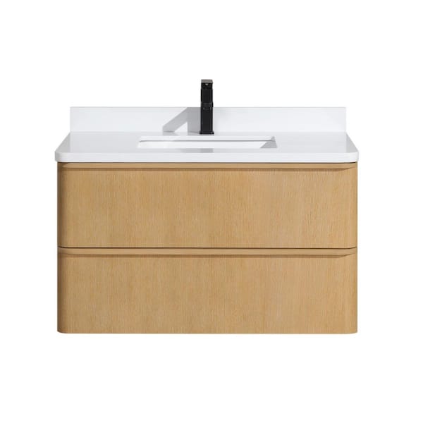 Ari Kitchen and Bath Lucas 36 in. W x 21 in. D x 22 in. H Single Floating Bath Vanity in Oak w/ Engineered Quartz Top in White w/ White Basin