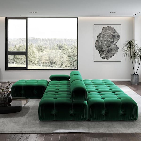 Chameleon 104 in. Square Arm Minimalism 7-piece Modern Velvet Modular Combination Sectional Sofa with Ottomans in Green