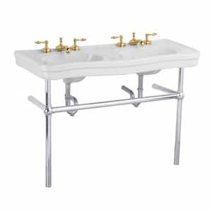 White Vitreous China Double Basin Bathroom Console Sink 46 3/4" W with Bistro Legs Pedestal, Towel Bar