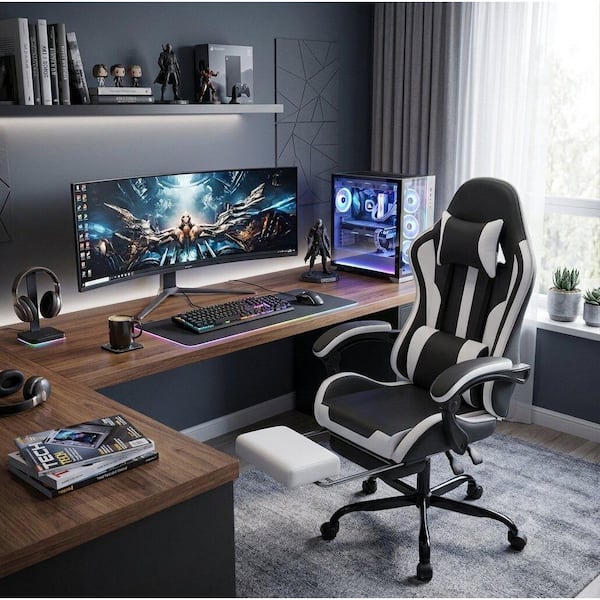 Faux Leather Swivel Reclining Gaming Chair in Black White with Lumbar Support and Footrest, High Back Office Chair