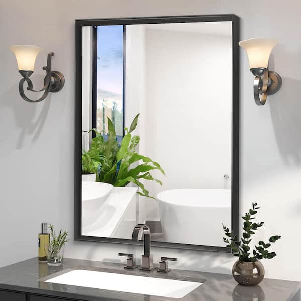 36 in. W x 24 in. H Rectangular Metal Framed Wall Mounted Bathroom Vanity Mirror in Black