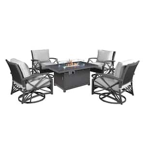 Novi 5-Piece Wicker Patio Conversation Set with Propane Gas Fire Pit Table Aluminum Frame Grey Chairs and Grey Cushions