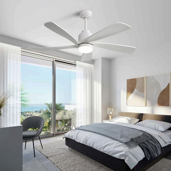 52 in. White Modern Downrod Mount Standard Ceiling Fan with Remote Control Dimmable LED Light, 5 Solid Wood Blades