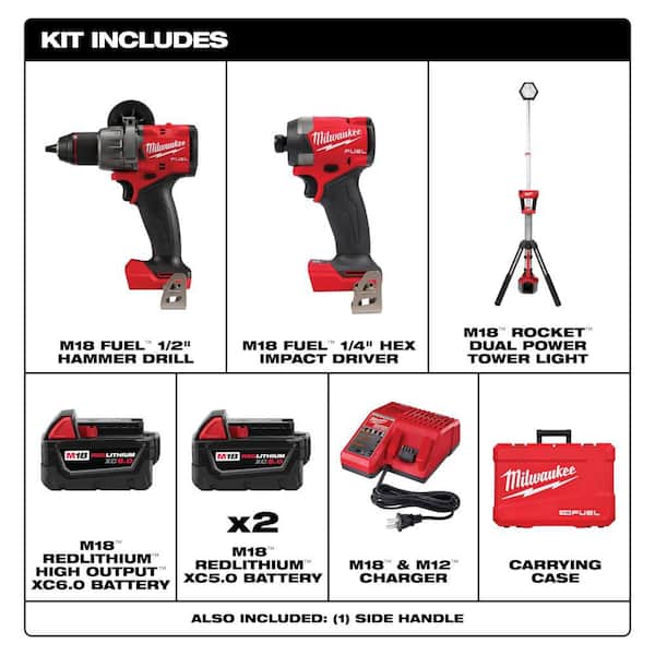 M18 FUEL 18V Lith-Ion Cordless Hammer Drill & Impact Driver Combo Kit (3-Tool) w/ 3 Batteries & M18 Tower Light