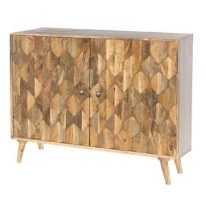 Natural Brown Sideboard with 2-Honeycomb Inlaid Doors and Wooden Frame