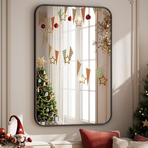 XRAMFY Rectangular Modern Black Aluminum Framed Rounded Bathroom Mirror Wall Mirror 26 in. W x 37.8 in. H