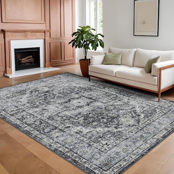 Gray 4 ft. x 6 ft. Medallion Pattern Short Pile Indoor Area Rug