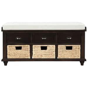 Sevie Brown Bench with 3-Drawers and 3-Rattan Baskets(18.7"H X 42.1"W X 15.4"D)