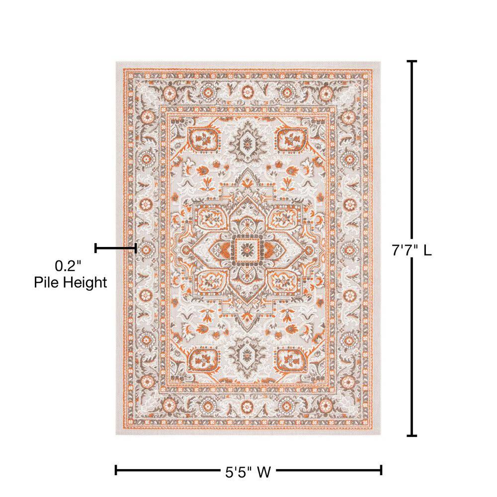 Beige and Orange Floral Synthetic Rectangular Area Rug 5'5" x 7'7"