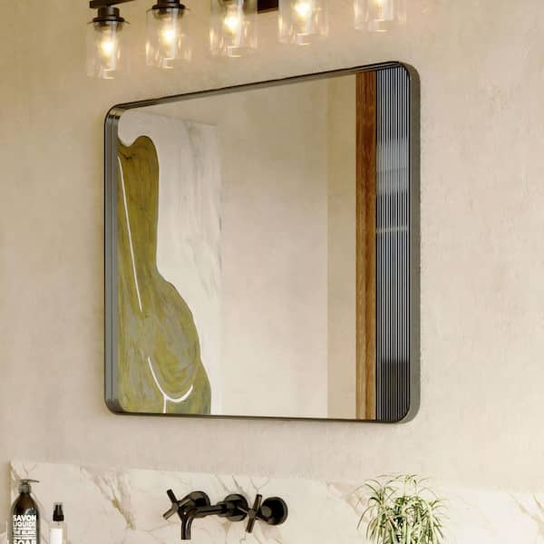 36 in. W x 32 in. H Rectangular Aluminum Framed Modern Black Rounded Wall Mirror