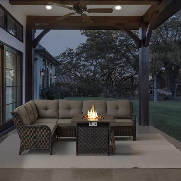 Brown 2-Piece Wicker Patio Fire Pit Set, Outdoor 6-Seater Sectional Seating Set with Olefin Gray Cushions