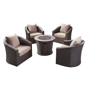 Pollock Multi-Brown 5-Piece Faux Rattan Patio Fire Pit Set with Mixed Khaki Cushions