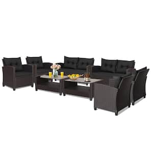8-Piece Outdoor Conversation Set Patio PE Rattan Set with Glass Table and Sofa Cushions Black