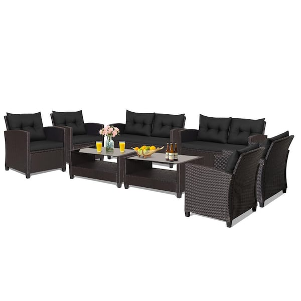 Gymax 8-Piece Outdoor Conversation Set Patio PE Rattan Set with Glass Table and Sofa Cushions Black
