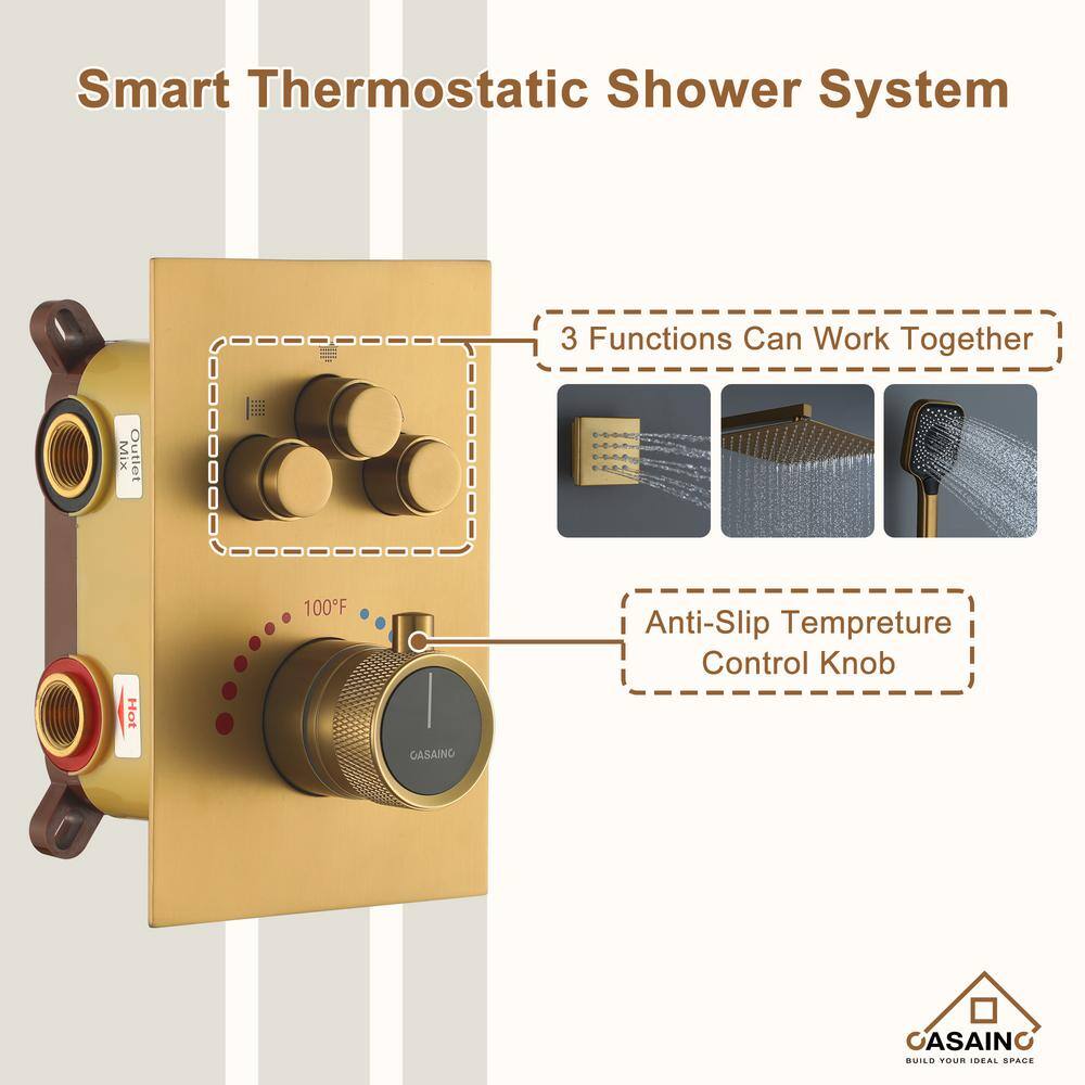 Brushed Gold 12-Inch Square Dual Shower System with Body Jets