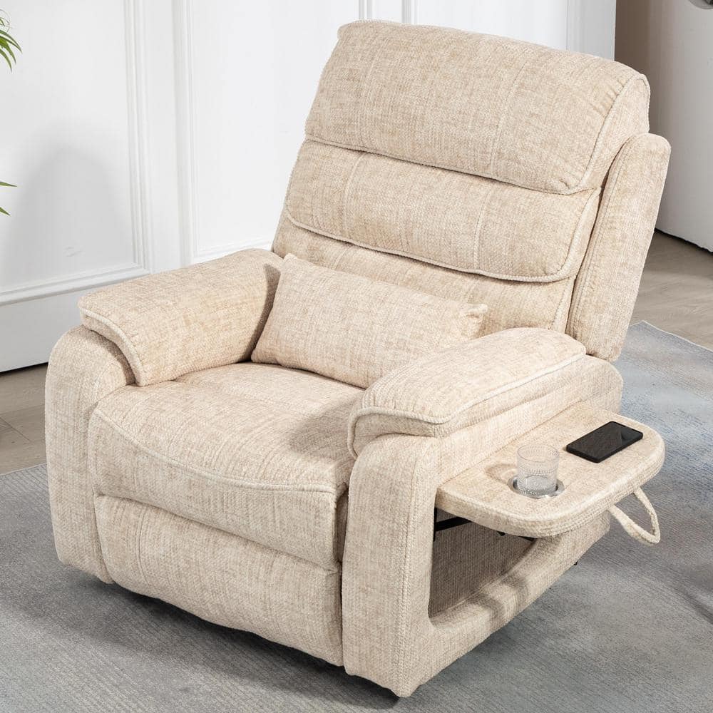 Cream Dual OKIN Motor Chenille Recliner Chair with Massage, Heating, Wirele