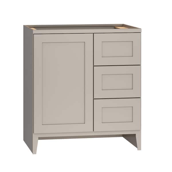 QuickShip Cottage 30 in. W x 21 in. D x 34.5 in. H Assembled Bath Sink Base Cabinet in Sterling with 3-Drawers (Right)
