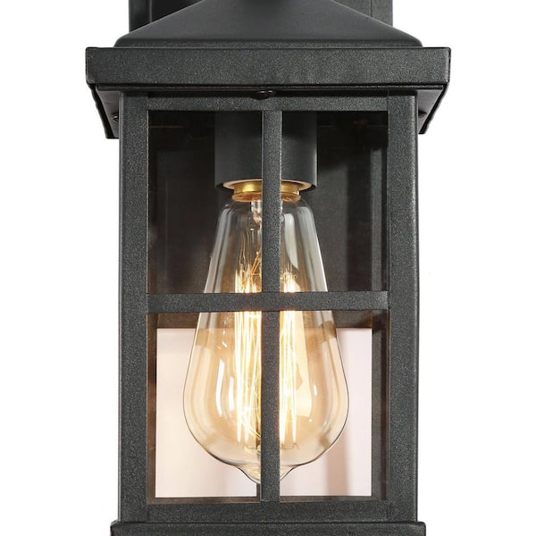 LNC 10 in. Modern Black Small Outdoor Lantern Sconce for Front Door Porch Entry, 1-Light, Clear Plaid Glass, Metal Wall Lamp