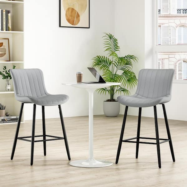 36 in. H Gray Low Back Metal Bar Stools with Faux Leather Seats Set of 2