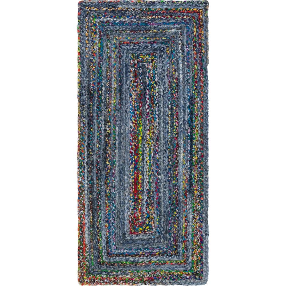 Handmade Blue and Multi Braided Cotton Runner Rug