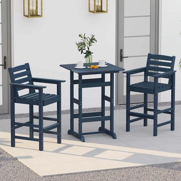 Costway 3-Piece Plastic Patio Conversation Set HDPE Armchairs with Square High-Top Table Footrest and Backrest Navy