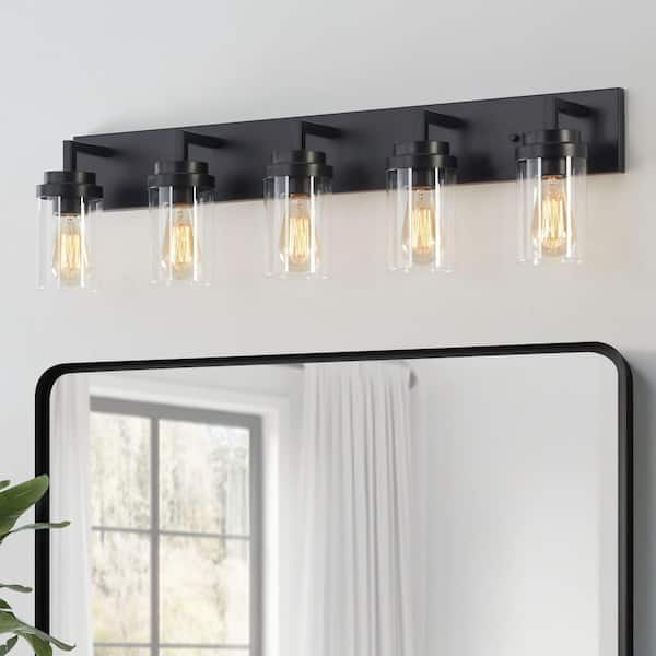 36 in. 5-Light Black Vanity Light with Clear Glass Shade